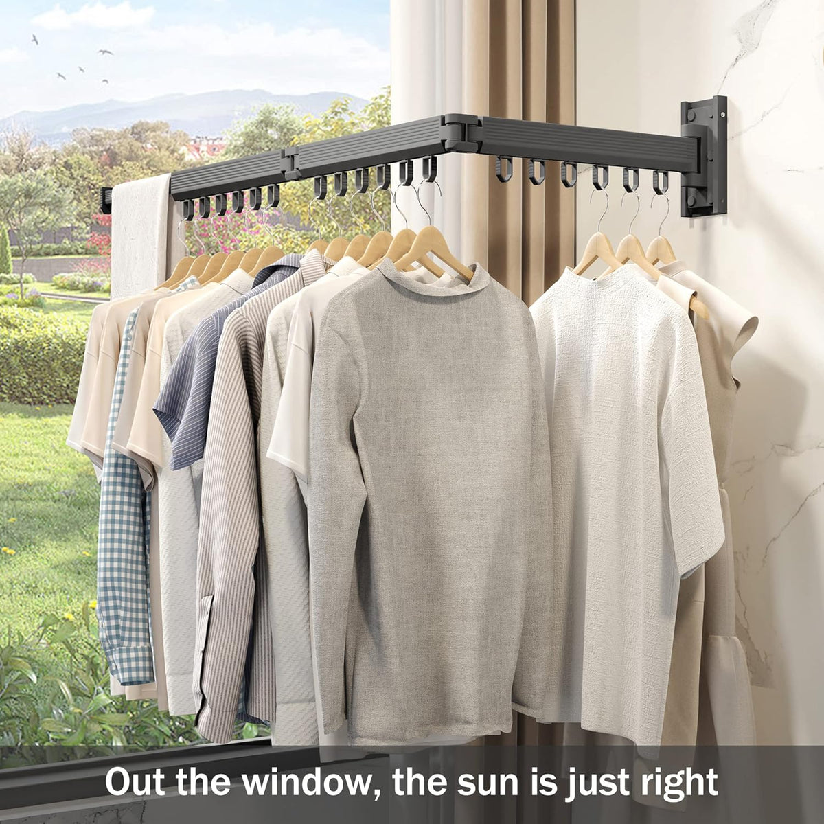 Wall Mounted Clothes Drying Rack - Foldable, Retractable Laundry Hanger with Grey-Rings