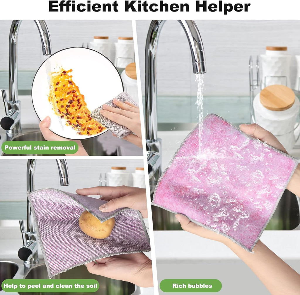 10pcs Non Scratch Wire Dishcloth Multipurpose Wire Dishwashing Rag for Wet and Dry,Metal Scrubbers for Cleaning Dishes,Dual-Sided Kitchen Cleaning Cloths with Mesh,Cleaning Tool for Pot, Pink
