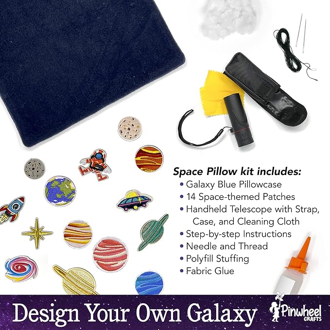 Pinwheel Crafts Beginner Sewing Kit for Kids 8-12 with Telescope - Astronomy Solar System Easy Sew Space Pillow Kit with Planet Patches - Make Your Own Plush Craft