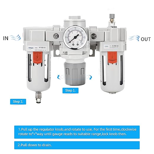 NANPU 1/2" NPT Air Filter, Regulator & Lubricator (FRL) Combo - Water/Oil Trap Separator - Pressure Gauge(0-150 psi), 5 Micron Brass Element, Semi-Auto Drain, Poly Bowl, Metal Bracket