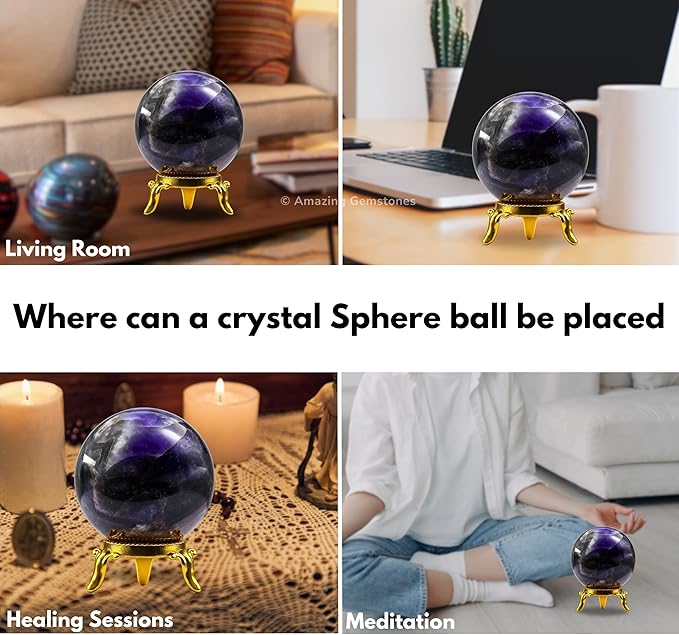 Amazing Gemstone Amethyst Chevron Crystal Ball with Stand - 2" Inches Crystal Sphere Meditation Balls for Witchcraft and Decorative Balls