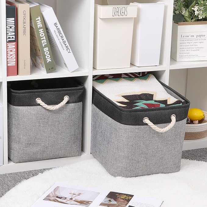 Bidtakay Fabric Storage Baskets with Handles [2-Pack] Large Canvas Organizer 16" X 11.8" X 11.8" Foldable Tall Baskets Rectangular Gift Basket Decorative Storage Bins for Closet, Home(Black&Grey)