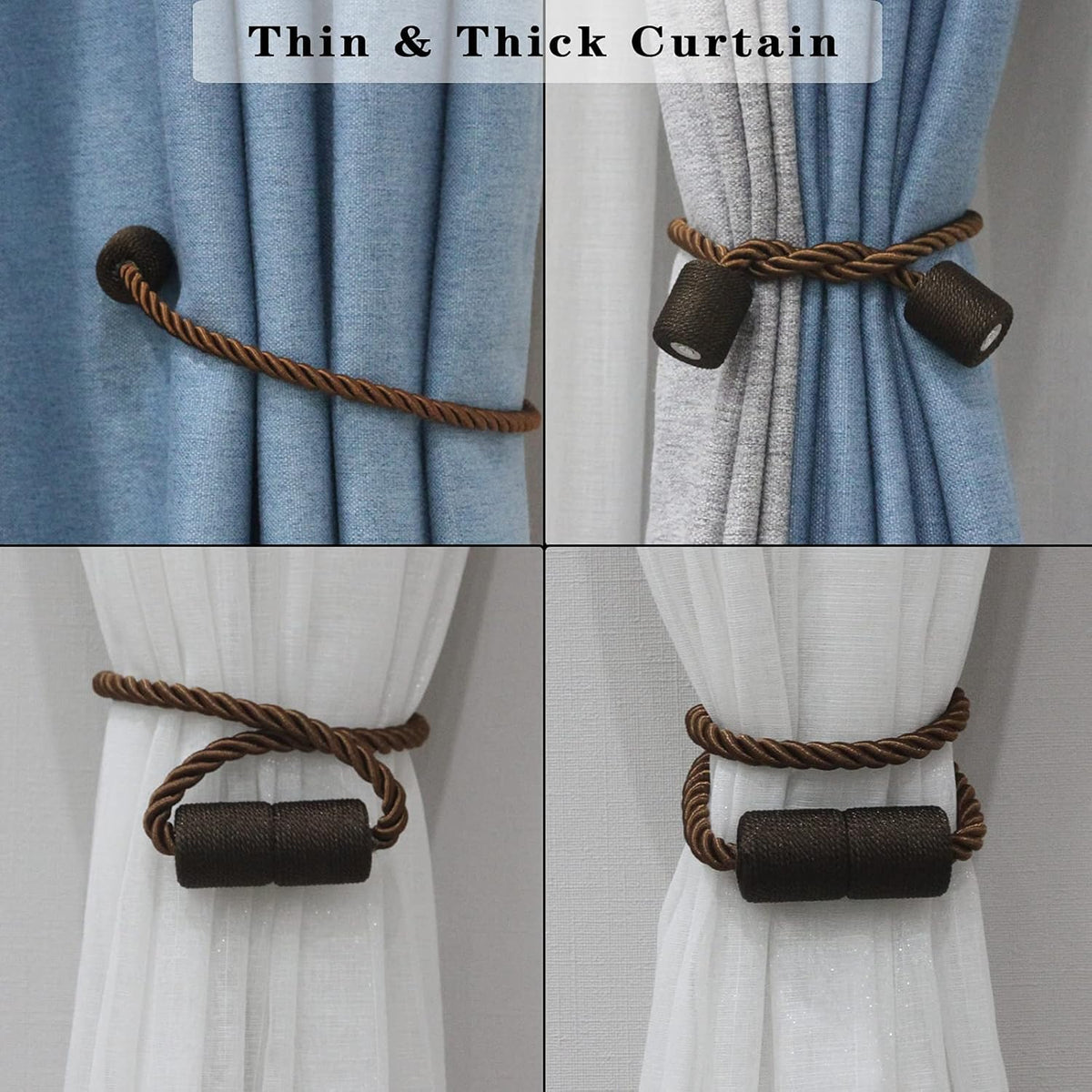 6 Pack Coffee Strong Magnetic Curtain Tiebacks Outdoor Elegant Decorative Tie Backs Modern Rope Tiebacks for Drapes Window Curtain Holdbacks for Draperies