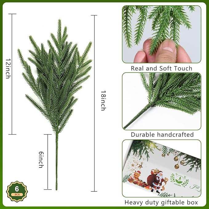 6Pcs Artificial Norfolk Pine Branches - 18" Realistic Faux Christmas Greenery Stems Fake Evergreen Cedar Picks Winter Greens for Vase DIY Crafts Garland Wreath Indoor Outdoor Holiday Decor