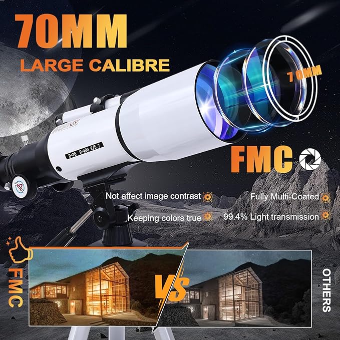 PISEZ 70400 Telescope for Adults & Beginner,70mm Aperture 400mm AZ Mount Astronomical Refracting Telescope for Kids Beginnerswith Carry Bag, Phone Adapter