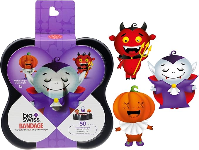 BioSwiss Bandages, Halloween Ghouls Shaped Self Adhesive Bandage, Latex Free Sterile Wound Care, Fun First Aid Kit Supplies for Kids and Adults, 50 Count