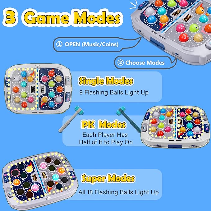 2-Player Whack Game Mole Toy for Kids Ages 3+, 11x15in Early Learning Toy with Lights & Sounds, Interactive Pounding Bench with 9 Speed Levels, Perfect for Families with Multiple Kid of Different Ages