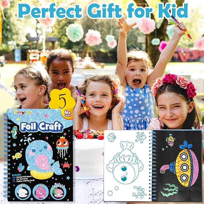 FUNNYB&G Foil Art Craft Activity for Kids - Gift for Girls Boys Crafts for Kids Fun Art Supplies DIY Creative Travel Toy, Birthday Gift Party Favor Toys for Girls Boys 4 5 6 7 8 9 Years Old(Ocean)
