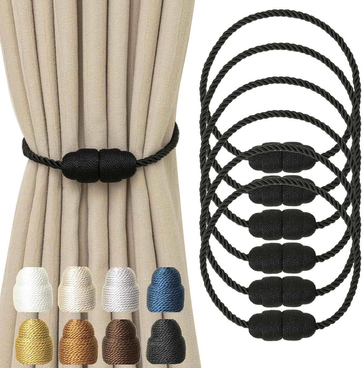 Magnetic Curtain Tiebacks Rope Curtain Tie Backs for Curtains 6 Pack Curtain Holders for Drapes Decorative Window Curtain Holdbacks, Black