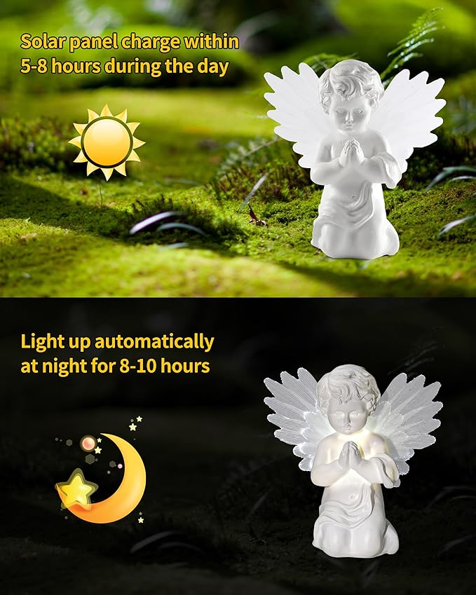 iStatue Solar Praying Cherub Angel Light with Fibre Optic Wings - 7.1'' Sympathy Remembrance Memorial Gift for Grave Ornaments Garden Decor (Kneeling Angel)