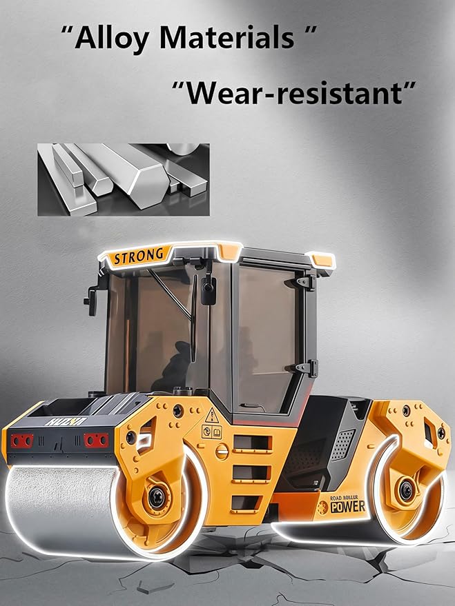 Gemini&Genius Double-Drum Road Roller Toy Construction Vehicle Toy 1/50 Scale Die-cast Grader Engineering Road Planer Vehicle, Asphalt Drum Compactor Alloy Model Toys and Collections for Kids