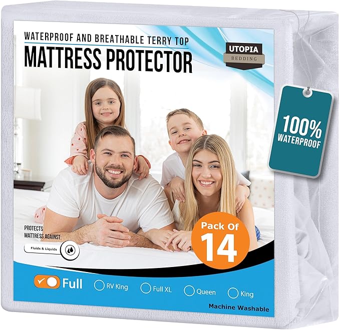 Utopia Bedding Waterproof Mattress Protector Full Size (Pack of 14), Premium Terry Mattress Cover 200 GSM, Breathable, Fitted Style with Stretchable Pockets (White)