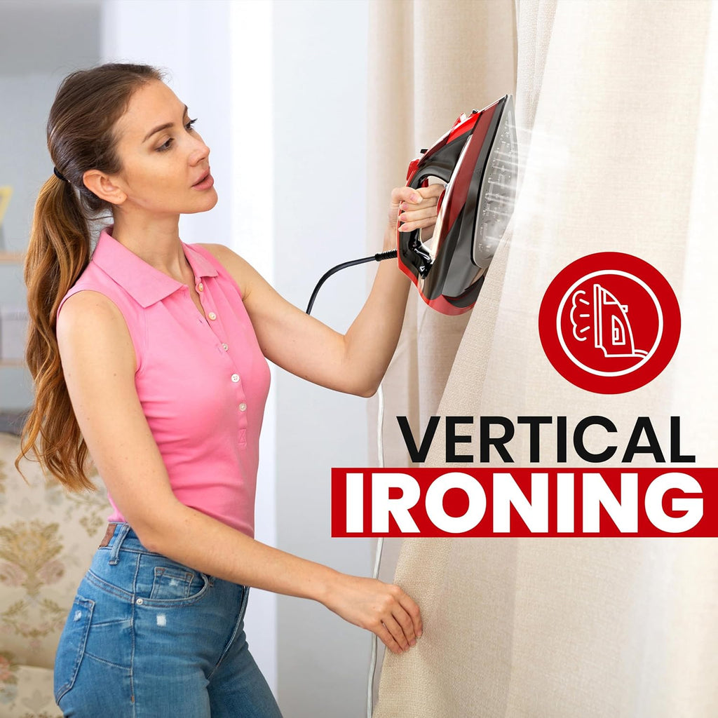 Utopia Home Steam Iron for Clothes - Non-Stick Soleplate - 1800W Clothes Iron With Auto-Off Safety Feature - Adjustable Thermostat Control, Variable Steam Control, Self-Clean, 8 Feet Cord (Black/Red)
