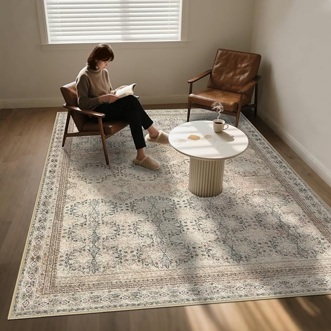 Large 8x10 Washable Area Rug for Living Room, No Shedding Vintage Floral Print Rugs Non Slip, Indoor Foldable Thin Retro Accent Carpet for Bedroom Farmhouse Dining Room Beige/Pink/Orange