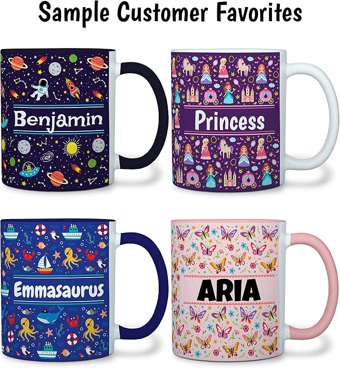 Personalized Mug for Kids - Mermaids - Custom Name/Text, Ceramic Hot Chocolate/Cocoa/Coffee Cup for Girls, Birthday/Christmas/Holiday Gift - 11 oz, Pink Handle
