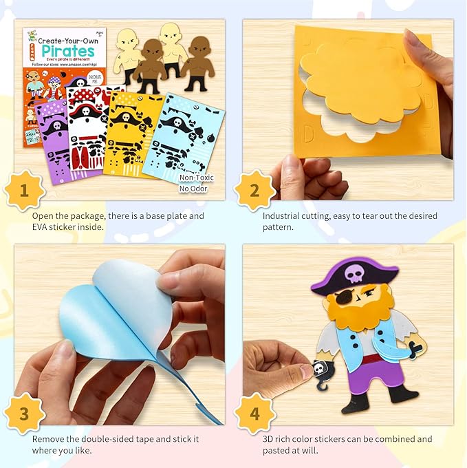 VKPI 4 Pieces EVA Foam Art Crafts Gift Kit, Creative Make Your Own Pirates, Cartoon Foam Paper Craft Projects for Kids Ages 4+ Toddler, Preschool Learning Toy for Birthday Party Favor Supplies