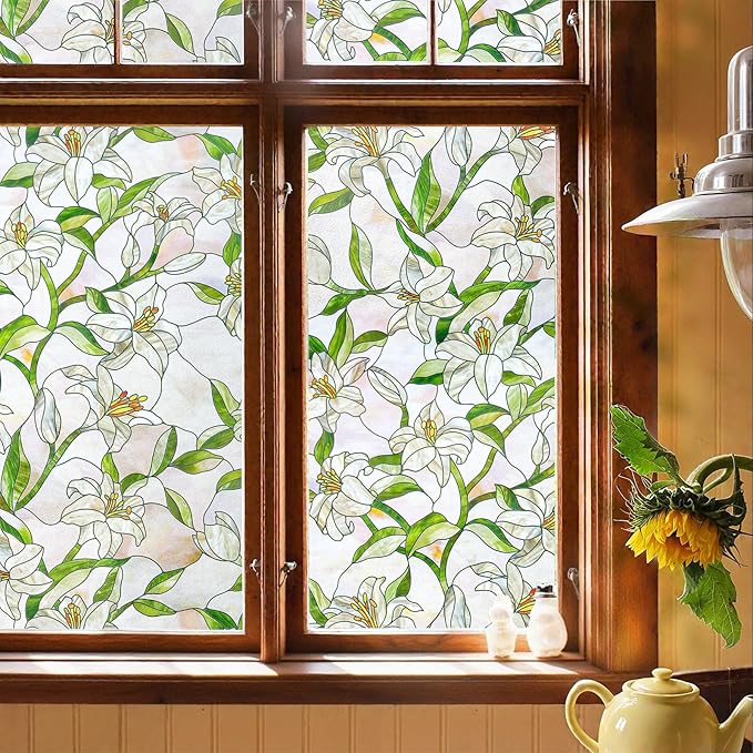 3D Stained Glass Window Film, Decorative Window Privacy Film for Bathroom,Front Door,Home, Sun Blocking Heat Control,Static Cling, White Lily 23.6inch x 35.4inch