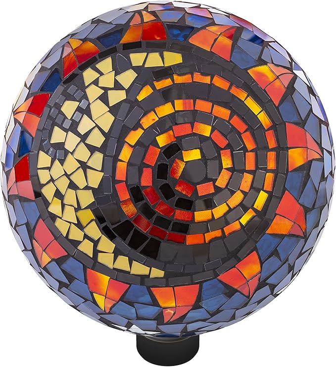 Alpine Corporation 10" Diameter Indoor/Outdoor Glass Mosaic Gazing Globe Yard Decoration, Mosaic Sun and Moon Design