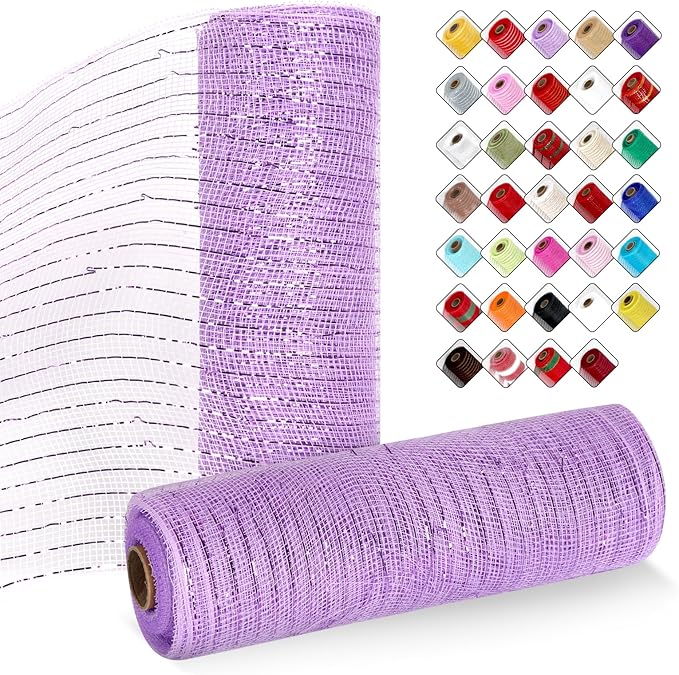 2 Rolls Mesh Ribbon for Wreaths 10 Inch x 30 Foot Wreath Mesh Rolls with Metallic Foil for Easter Christmas Party Wedding Home Decor DIY Craft Projects and Gift Wrapping (Light Purple)