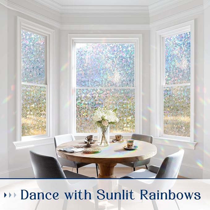 Haton Window Privacy Film, Rainbow Stained Glass Window Clings, 3D Decorative UV Sun Blocking Sticker, Removable Static Cling Heat Control Tint for Home Door, 35.4" x 78.7" Non-Adhesive