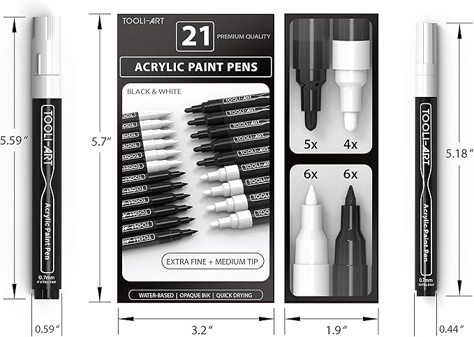 TOOLI-ART Black And White Acrylic Paint Markers Paint Pens Set For Rock Painting, Canvas, Mugs, Metal, Glass Paint, Fabric, Wood, DIY. Non Toxic, Quick Dry,Waterbas (EXTRA FINE & MEDIUM)