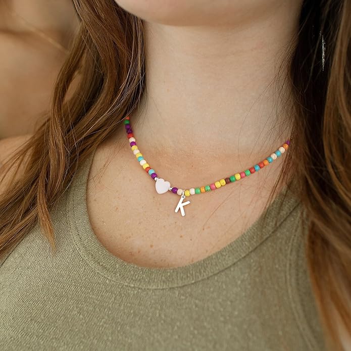 Ursteel Colorful Initial Cute Necklaces for Girls - Trendy Beaded Choker Necklace for Women Teen Girl, Personalized Letter Initial Gifts for Women Kids Jewelry