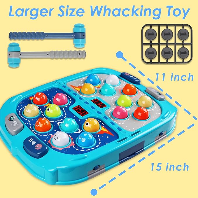 2-Player Whack Game Mole Toy for Kids Ages 3+, 11x15in Early Learning Toy with Lights & Sounds, Interactive Pounding Bench with 9 Speed Levels, Perfect for Families with Multiple Kid of Different Ages