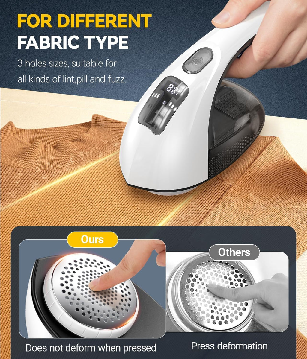 Rechargeable Fabric Shaver and Lint Remover, 3-Speed Adjustable Sweater Shaver with 6-Leaf Replaceable Stainless Steel Blades, 2.6Inch Large Mesh, Removable Bin for Clothes Fuzz, Lint, Pills, Bobbles