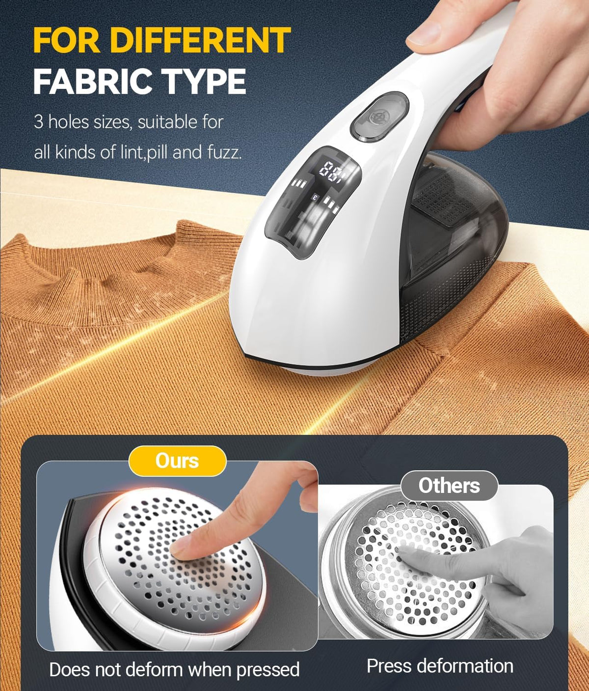 Rechargeable Fabric Shaver and Lint Remover, 3-Speed Adjustable Sweater Shaver with 6-Leaf Replaceable Stainless Steel Blades, 2.6Inch Large Mesh, Removable Bin for Clothes Fuzz, Lint, Pills, Bobbles