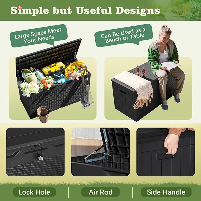Flamaker Outdoor Storage Box 100 Gallon Waterproof Resin Deck Box Delivery Box with Air Rod Indoor Outdoor Lockable Storage Bench for Patio Cushions, Tools, Pool Accessories (Black)