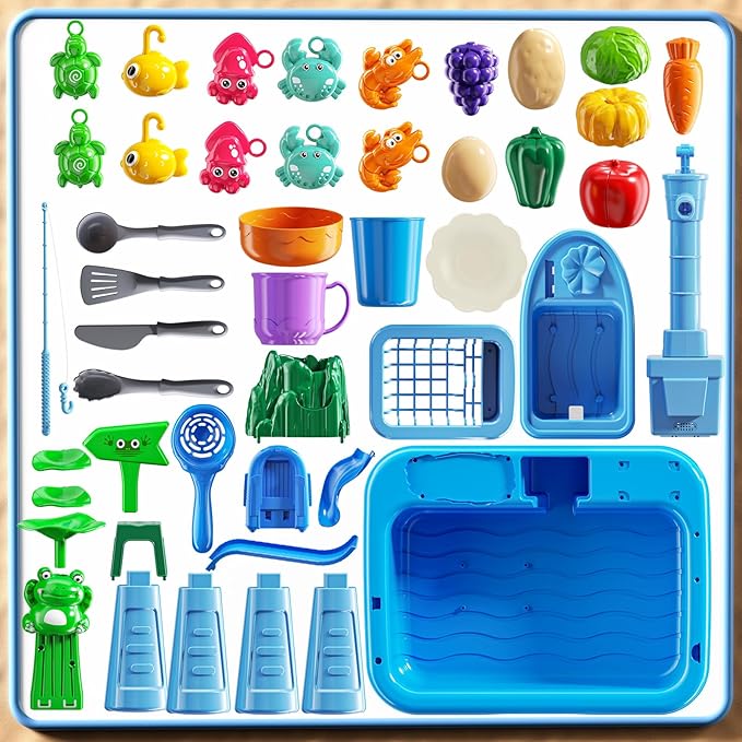 Water Table for Toddlers 1-3- Kids Play Sink with Pump and Running Water, Water Table for Kids Ages 4-8 with Fishing Games, Summer Outside Sensory Gift Toys for Boys and Girls 2 3 4 5 6 7 8