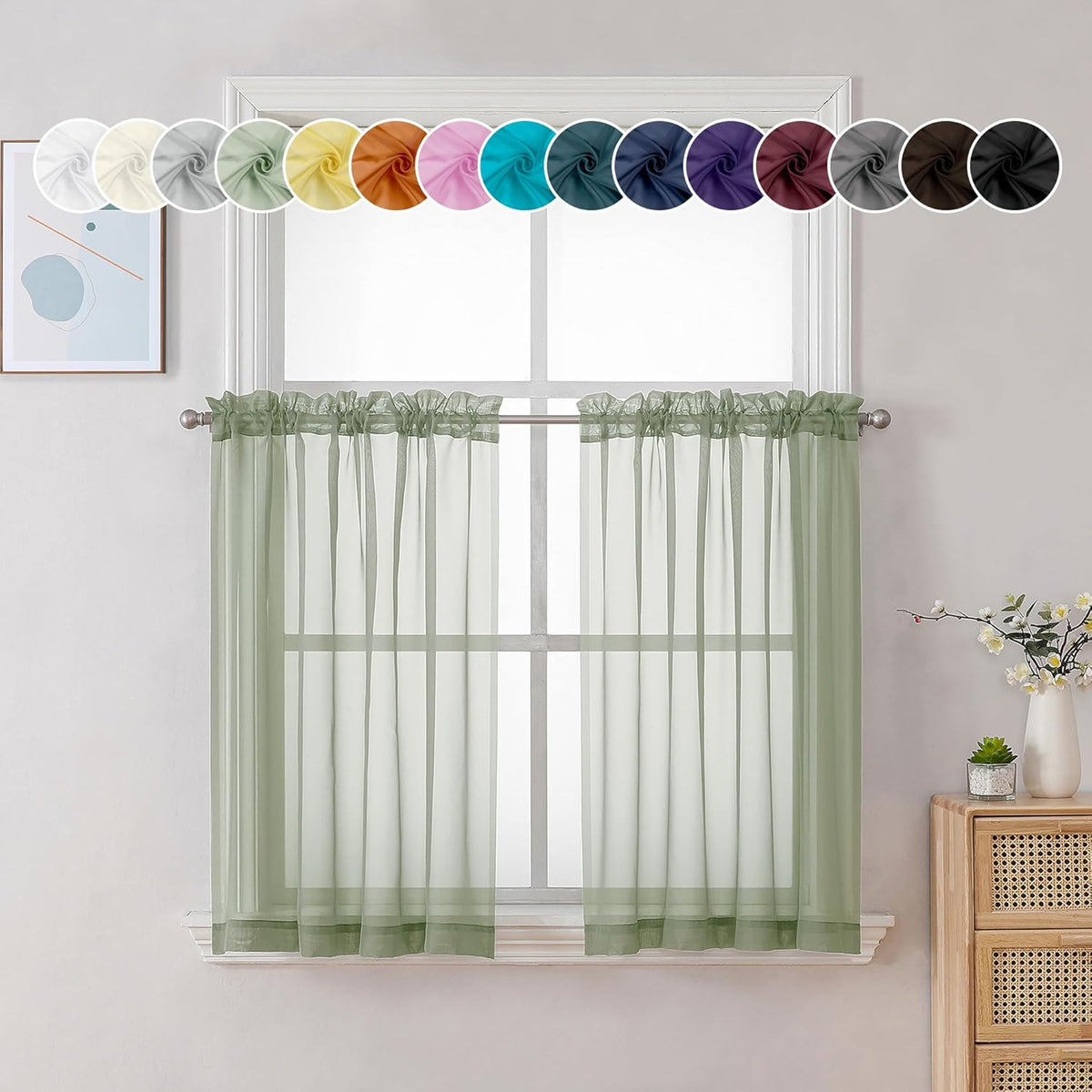 Chyhomenyc Sage Green Sheer Curtains 36 Inch Length, Short Voile Sheer Window Curtians for Small Window Bathroom Cafe Living Room, Set of 2, 42W x 36L inches, Rod Pocket,