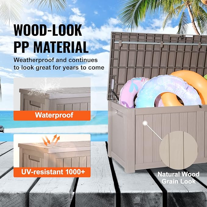 VEVOR Deck Box, 120 Gallon Outdoor Storage Box, 56.3" x 26.6" x 23.8", Waterproof PP Deckbox with Aluminum Alloy Padlock, for Patio Furniture,Garden Tools, Outdoor Cushions, Gray
