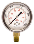 2-1/2" Oil Filled Pressure Gauge - Stainless Steel Case, Brass, 1/4" NPT, Lower Mount Connection, 0-10,000PSI
