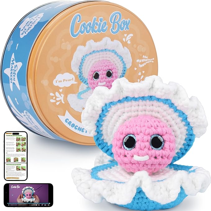 Cookie Box Crochet Kit for Beginners - Learn to Craft Amigurumi Stuffed Animals - Knitting Gift for Kids and Adults - Beginner-Friendly Yarn - Stitch-by-Stitch Video Tutorial - Oyster Pearl