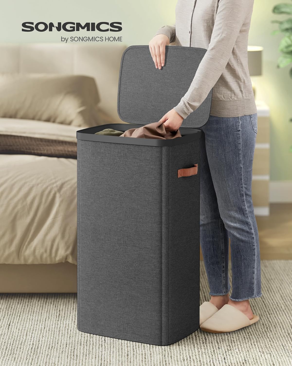 SONGMICS Laundry Basket, 26.4 Gal. Laundry Hamper, Easy Assembly, with Lid and Handles, Removable Liner, 16.5 x 12.6 x 29.5 Inches, Ink Black ULCB811BH01