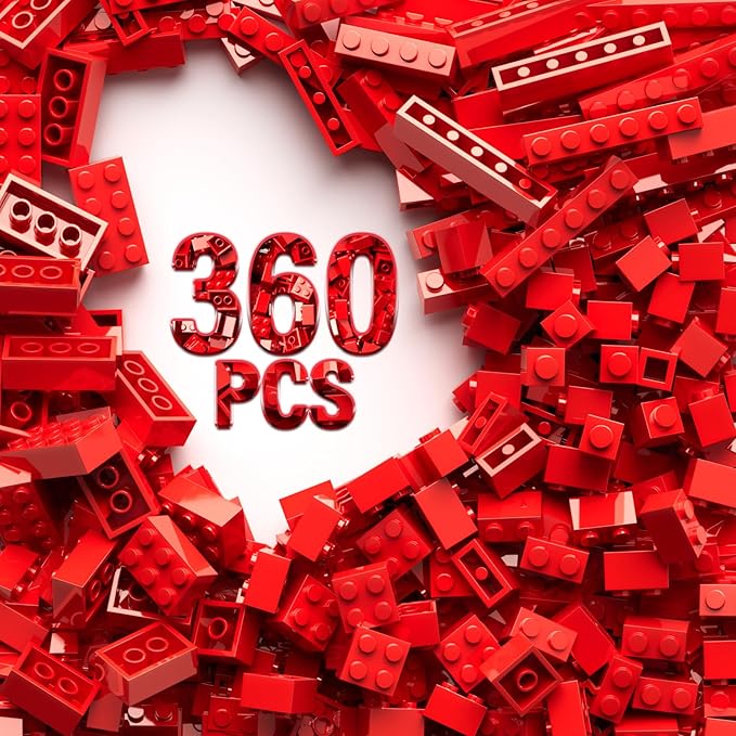 360 Piece White Classic Building Blocks Bulk, 7 Sizes Building Bricks Assortment Pack, Compatible with Lego Parts and Pieces (Red)