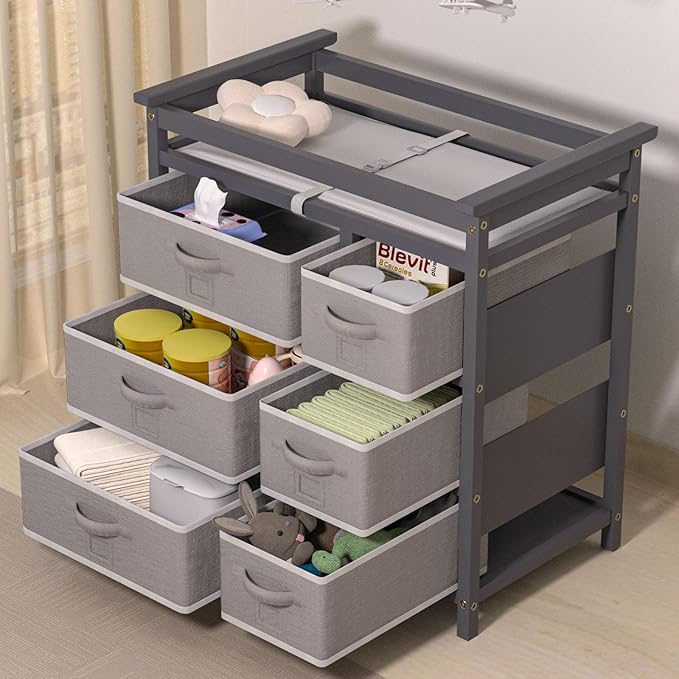 YUFU Baby Changing Table, Diaper Changing Station with 6 Storage Drawers and Changing Pad, Changing Table Dresser, Gray