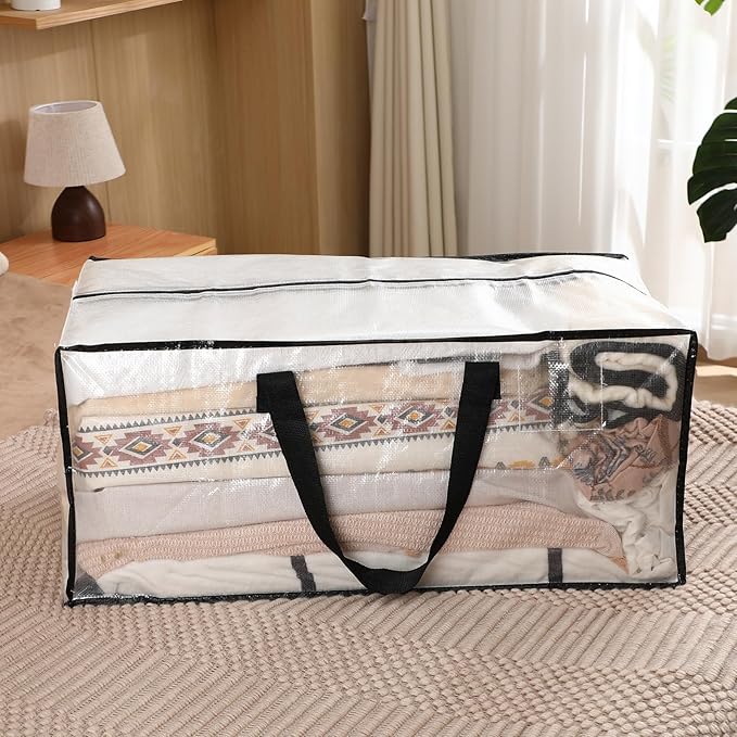 4 Pcs 24 Gallon Large Moving Bags with Zipper and Handles Foldable Storage Duffle Bags Heavy Duty Extra Large Totes for College Dorm Travel Clothes Blankets Bedding Moving (Clear)