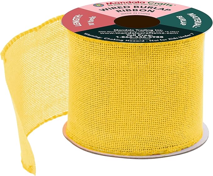 Mandala Crafts Yellow Burlap Wired Ribbon 3 Inches Wide Jute Ribbons for Crafts - 10 Yds Roll Rustic Burlap Wrap Trim Ribbons for Wreaths Bows Party Decoration