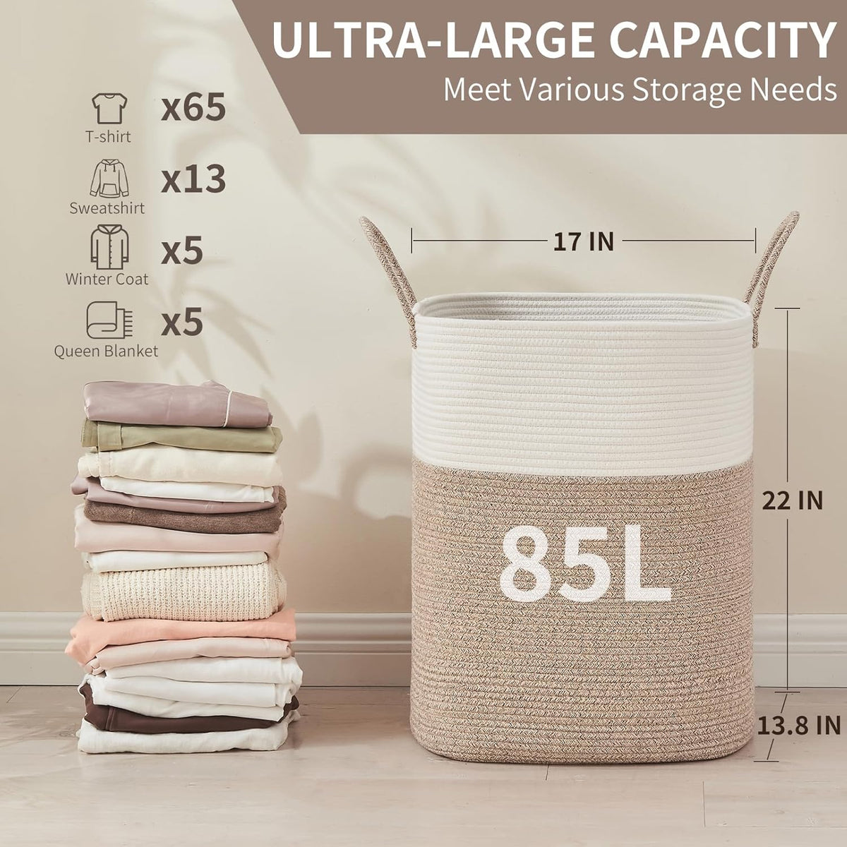 Laundry Basket with Handles - Blanket Basket & Hampers for Bedroom Aesthetic, Laundry Hamper & Blanket Storage for Living Room, Clothes Hamper, Tall, Large 17" x 14" x 26”, White & Rice Brown