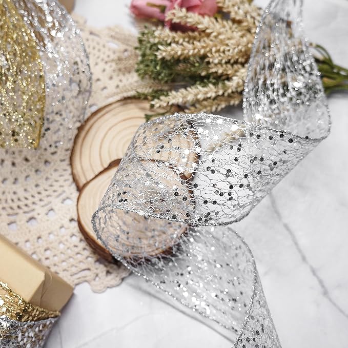 CT CRAFT LLC Sparkling Glitter Mesh Wired Ribbon 2.5" x 20 Yards Silver for Christmas Home Decor Bow Gift Wrapping DIY Crafts Wreath