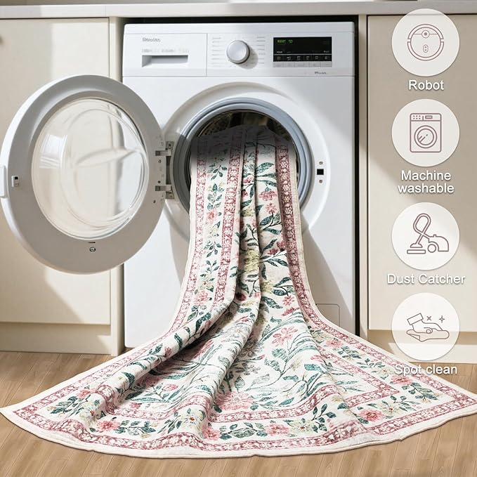 Area Rugs 9x12 Living Room: Floral Washable Rug Vintage Large Soft Boho Non-Slip Carpet Indoor Stain Resistant Low Pile Carpets for Bedroom Dining Room Farmhouse Nursery Hallway Home Office Pink Green