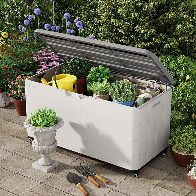 100GAL White Resin Deck Box with Wheels – Lockable, Waterproof, SGS-Tested UV Resistance, Spacious Outdoor Storage for Patio Cushions & Pool Gear, Easy Assembly