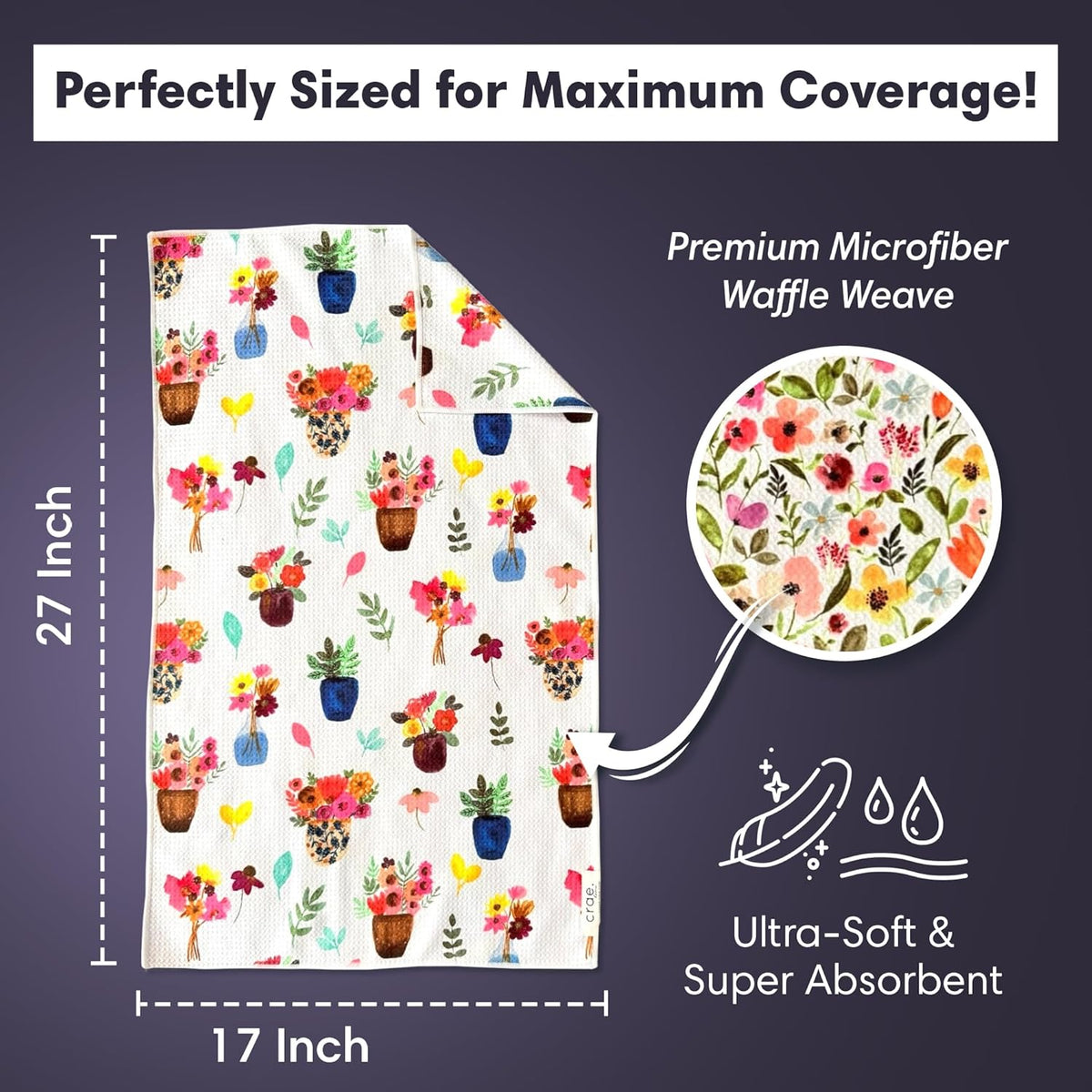 2 Double Sided Microfiber Hand Towels, 17x27 Inches Waffle Design Kitchen Towels Set, Durable & Soft Fast Drying Hand Wash Cloth, Everyday Use Dishcloth at Home (Petal Lane/Posey)