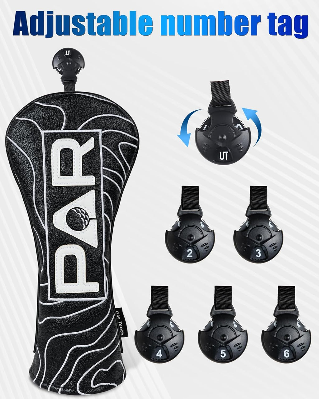 Big Teeth Golf Club Covers Full Set Driver Headcover Fairway Wood Hybrid Golf Club Iron Head Covers, Topographic Edition Putter Cover Leather Golf Head Covers Pure Black, Gifts for Men