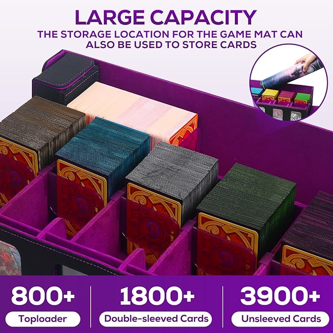 Trading Card Storage Box for MTG, card storage box with Commander Display，Multi-purpose Deck Case for MTG TCG Sports Card, 4 Toploaders, 4 Stoppers, 4 Colorful Dividers (Black& Purple, 5-Row)