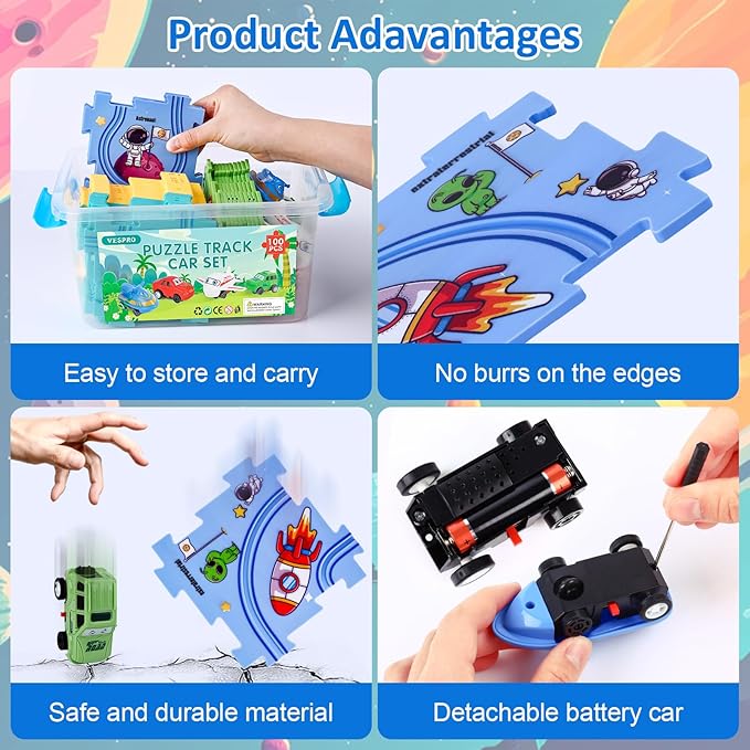 VESPRO 100PCS Kids Car Track Set - 4 Series Toddler Puzzle Racer Play Set, Educational Toys for Boys and Girls Ages 3+