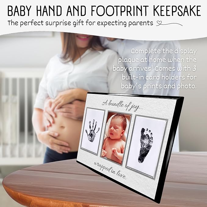 Baby Hand and Footprint Kit with Photo & Birth Details, Inkless Hand and Footprint Kit, Newborn Keepsake Plaque, Baby Shower Gifts (STYLE 2 (Baby Shower) (A Bundle Of Joy))