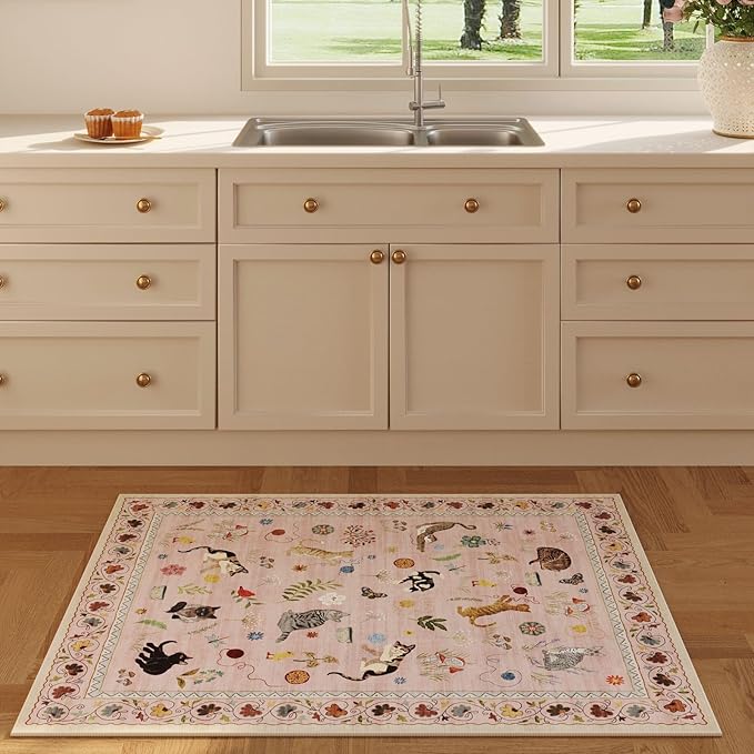 Rugcomf Door Mat Indoor Entrance 2x3 Rug Machine Washable Boho Floral Animal Cat Small Area Rug Non-Slip Low Pile Throw Rugs for Entryway Kitchen Front Door Indoor Entrance Entry Kids Room, Pink